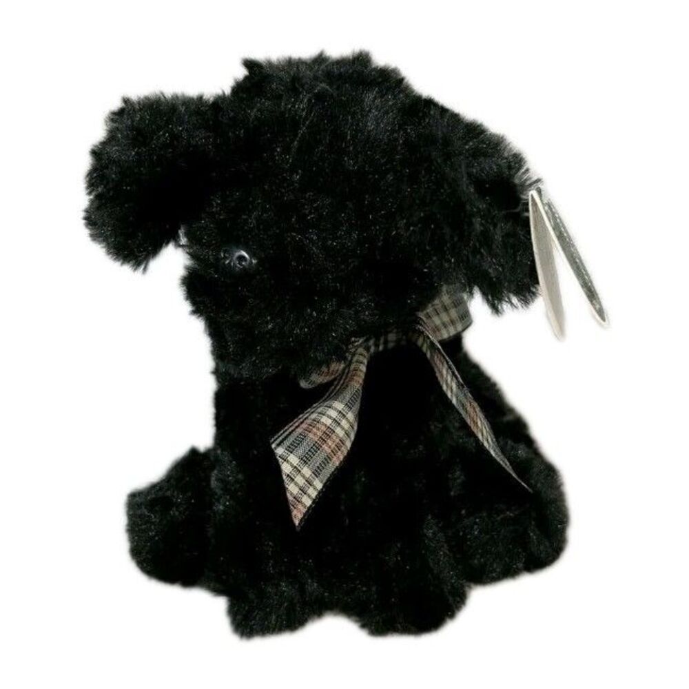 Bearington Collection BABY JAKE Plush Dog Black Puppy 8” plaid bow, New with tag